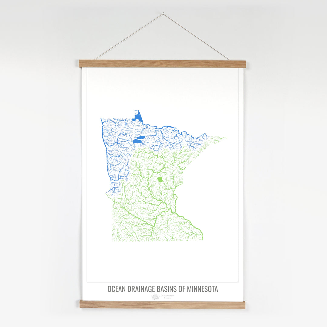 Minnesota - Mapa de la cuenca de drenaje oceánico, blanco v1 - Impresión artística con colgador