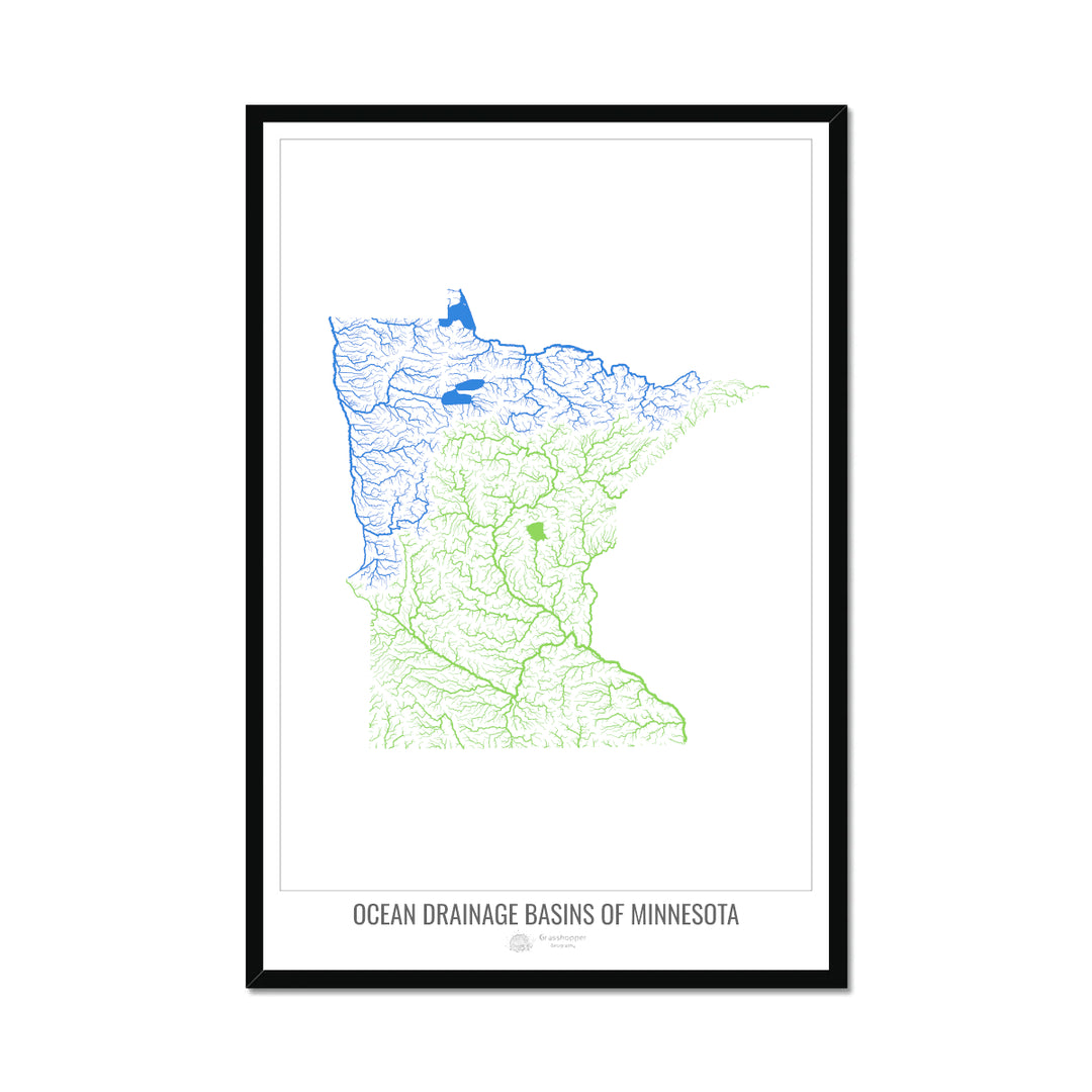 Minnesota - Ocean drainage basin map, white v1 - Framed Print