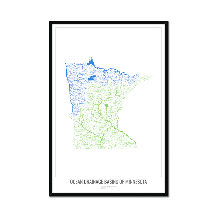 Minnesota - Ocean drainage basin map, white v1 - Framed Print