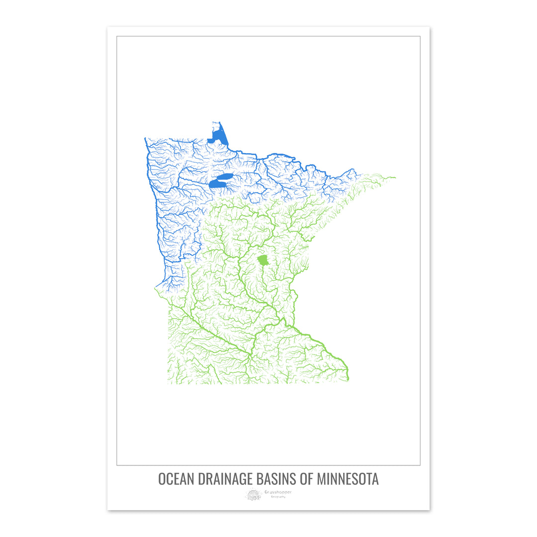 Minnesota - Mapa de la cuenca de drenaje oceánico, blanco v1 - Impresión de bellas artes