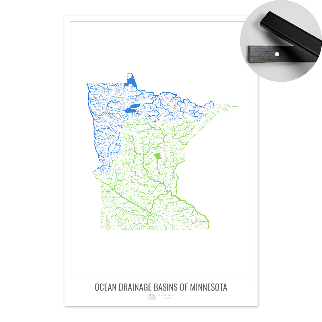Minnesota - Ocean drainage basin map, white v1 - Fine Art Print with Hanger