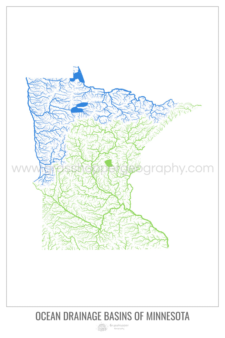 Minnesota - Mapa de la cuenca de drenaje oceánico, blanco v1 - Impresión de bellas artes