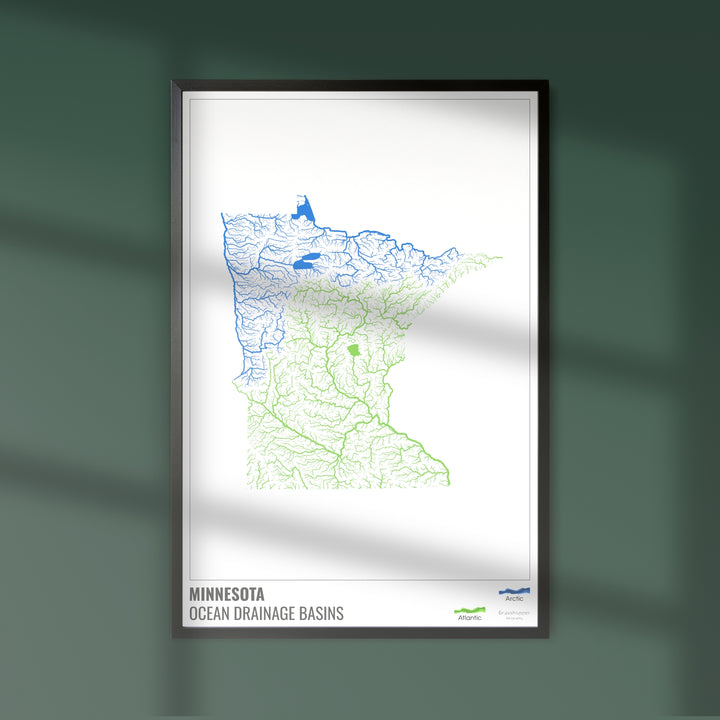 Minnesota - Mapa de la cuenca de drenaje oceánico, blanco con leyenda v1 - Impresión de bellas artes