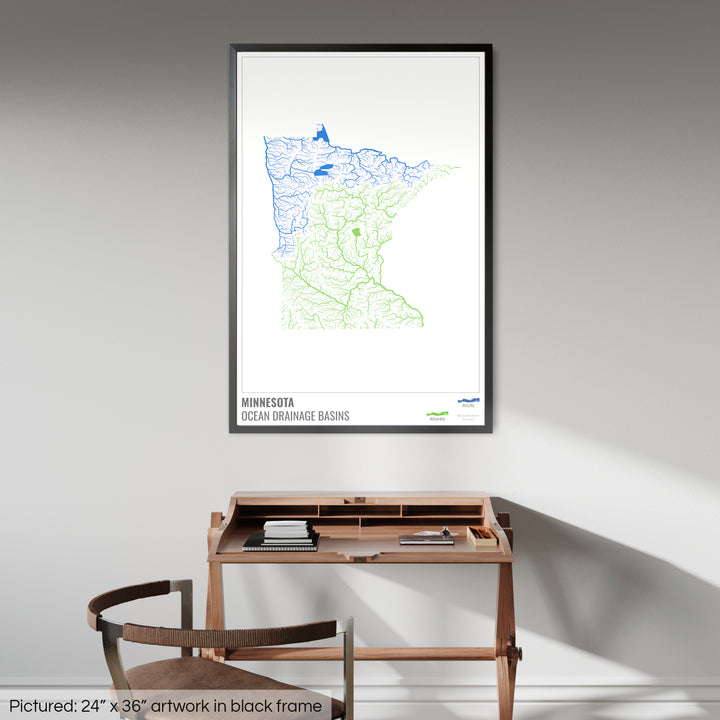 Minnesota - Ocean drainage basin map, white with legend v1 - Framed Print