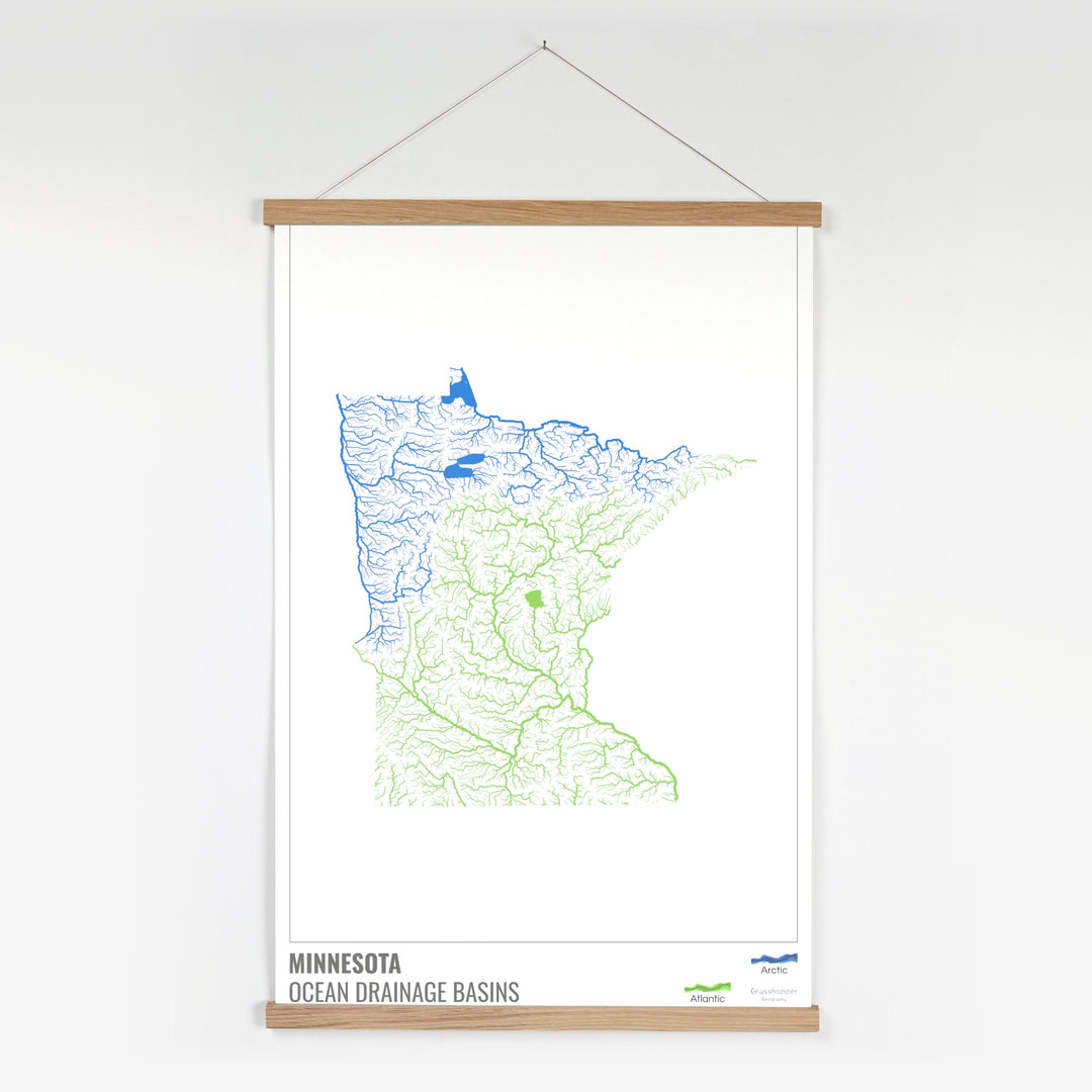 Minnesota - Mapa de la cuenca de drenaje oceánico, blanco con leyenda v1 - Impresión artística con colgador