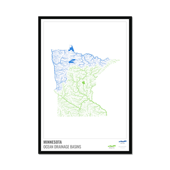 Minnesota - Ocean drainage basin map, white with legend v1 - Framed Print