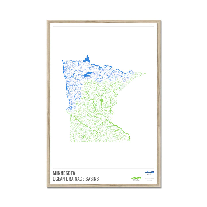Minnesota - Ocean drainage basin map, white with legend v1 - Framed Print
