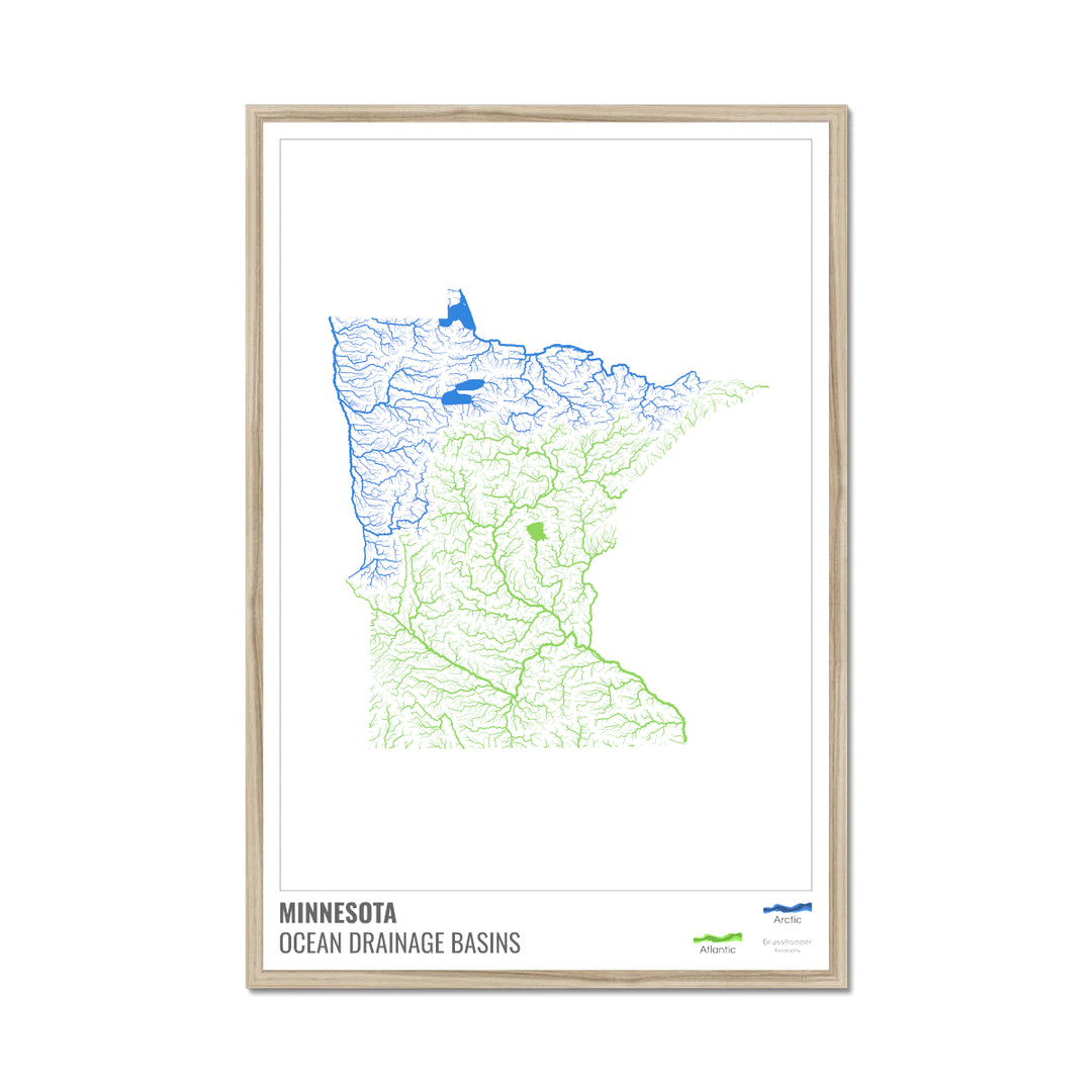 Minnesota - Mapa de la cuenca de drenaje oceánico, blanco con leyenda v1 - Lámina enmarcada