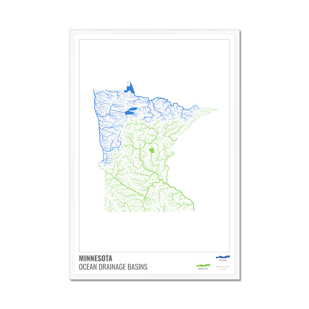 Minnesota - Carte du bassin versant océanique, blanche avec légende v1 - Impression encadrée