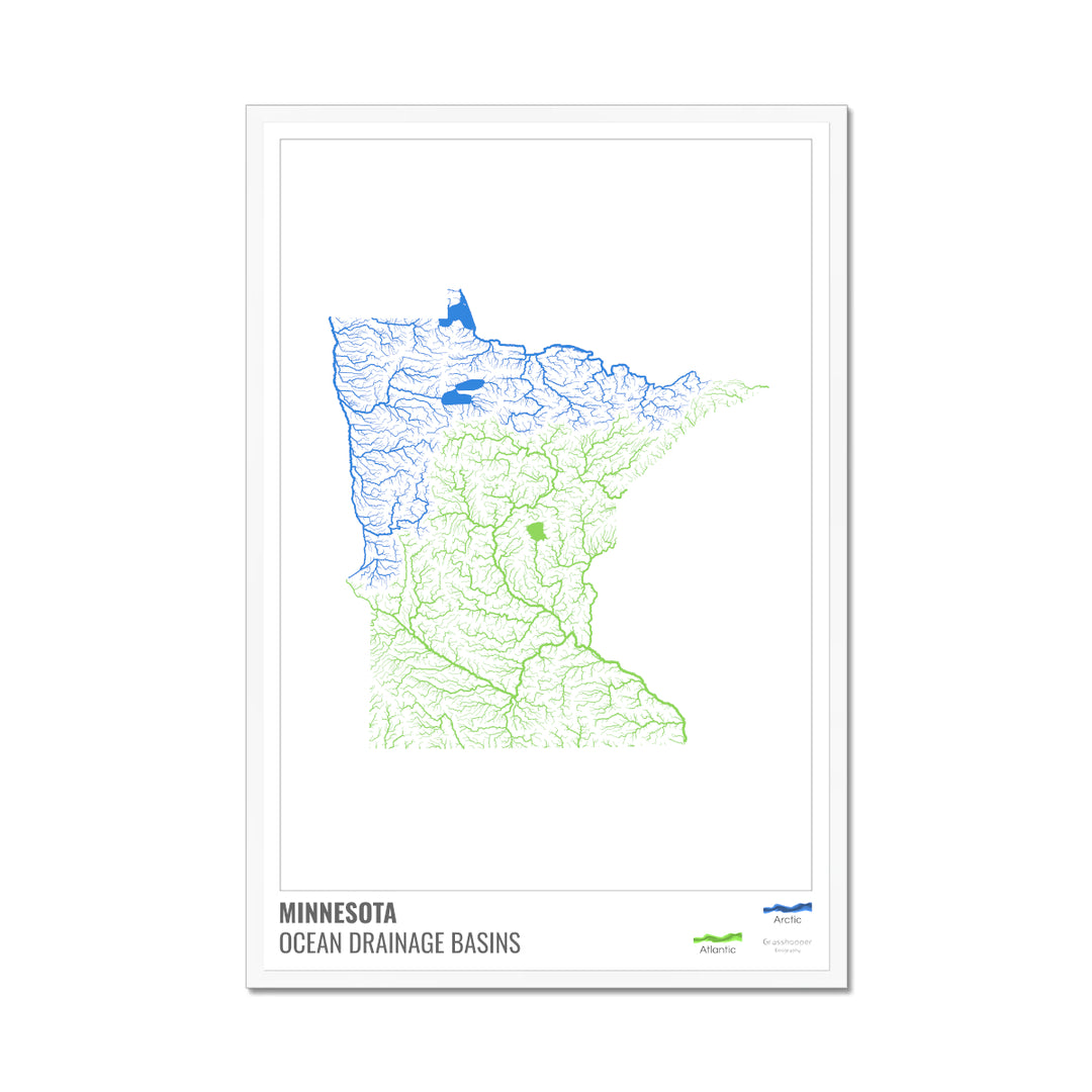 Minnesota - Ocean drainage basin map, white with legend v1 - Framed Print