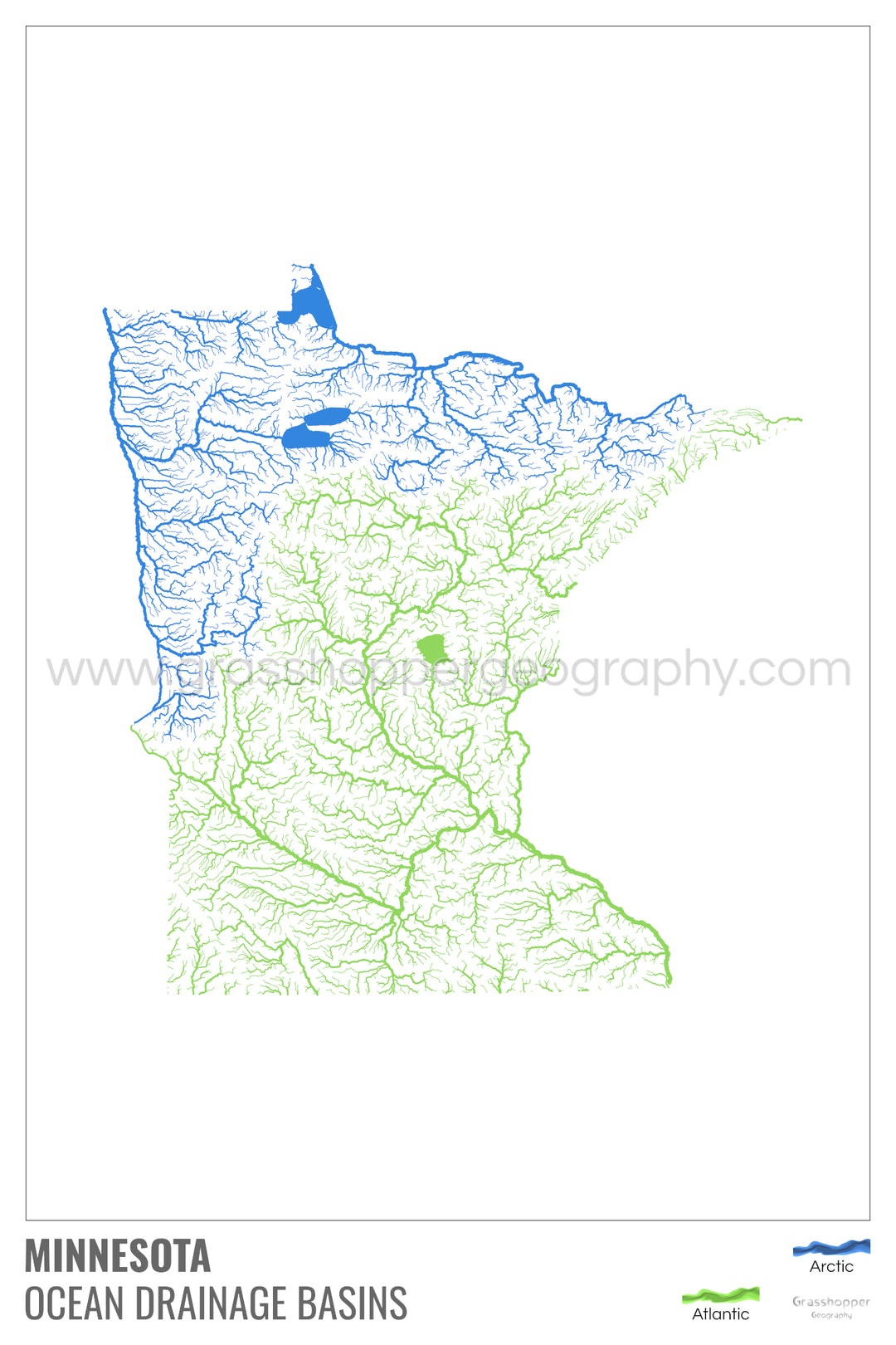 Minnesota - Mapa de la cuenca de drenaje oceánico, blanco con leyenda v1 - Impresión de bellas artes