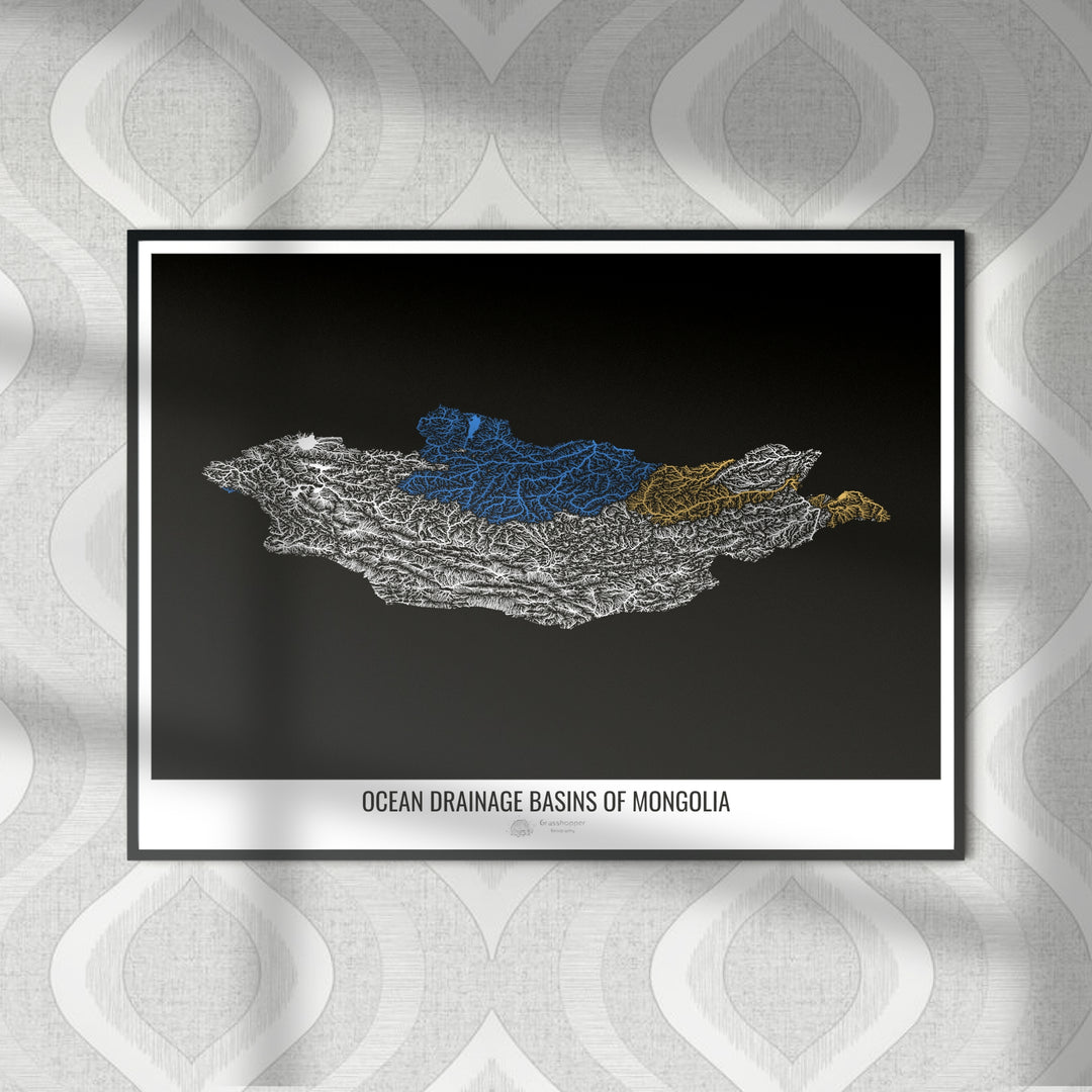 Mongólia - Mapa da bacia de drenagem oceânica, preto v1 - Impressão de belas artes