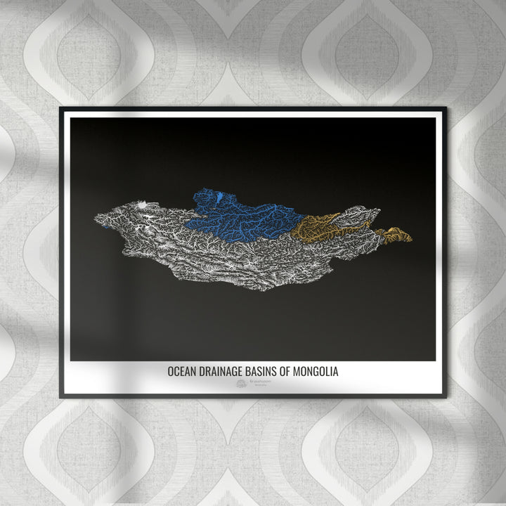 Mongólia - Mapa da bacia de drenagem oceânica, preto v1 - Impressão de belas artes