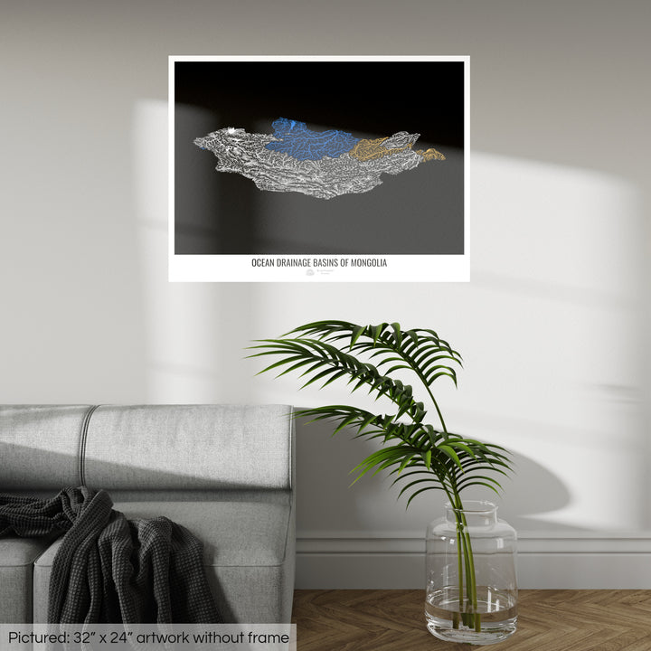 Mongolia - Ocean drainage basin map, black v1 - Fine Art Print