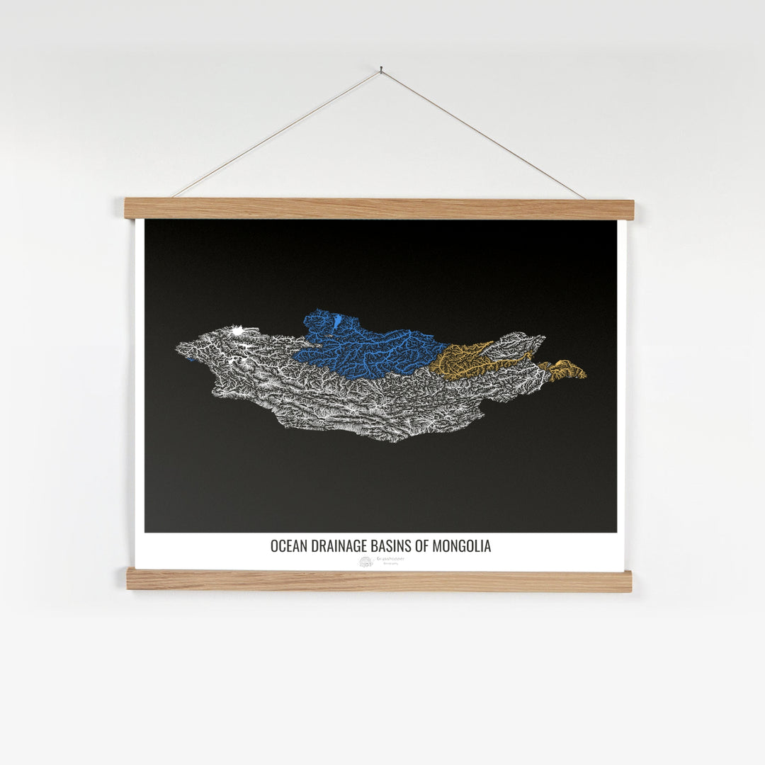 Mongolie - Carte du bassin versant océanique, noir v1 - Tirage d'art avec cintre