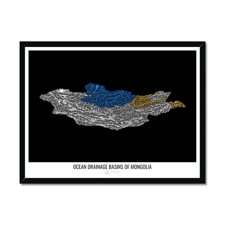 Mongólia - Mapa da bacia de drenagem oceânica, preto v1 - Impressão emoldurada