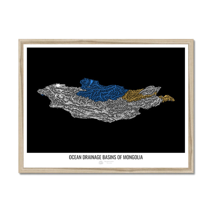 Mongólia - Mapa da bacia de drenagem oceânica, preto v1 - Impressão emoldurada