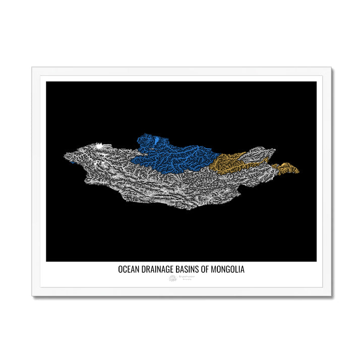 Mongólia - Mapa da bacia de drenagem oceânica, preto v1 - Impressão emoldurada