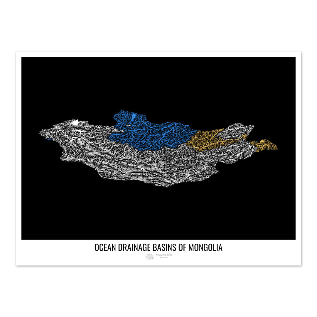 Mongólia - Mapa da bacia de drenagem oceânica, preto v1 - Impressão de belas artes