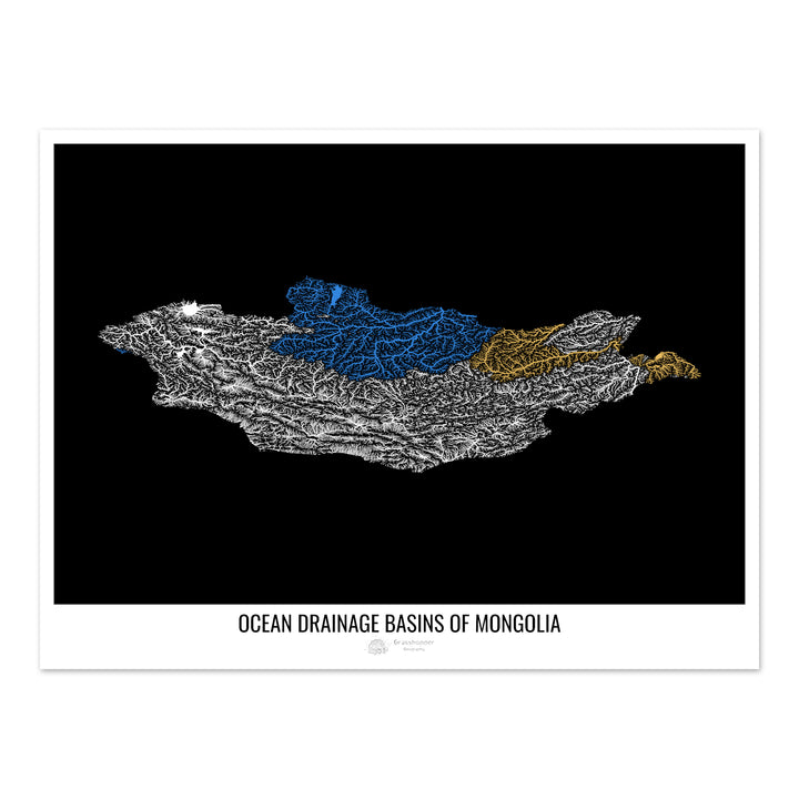 Mongólia - Mapa da bacia de drenagem oceânica, preto v1 - Impressão de belas artes