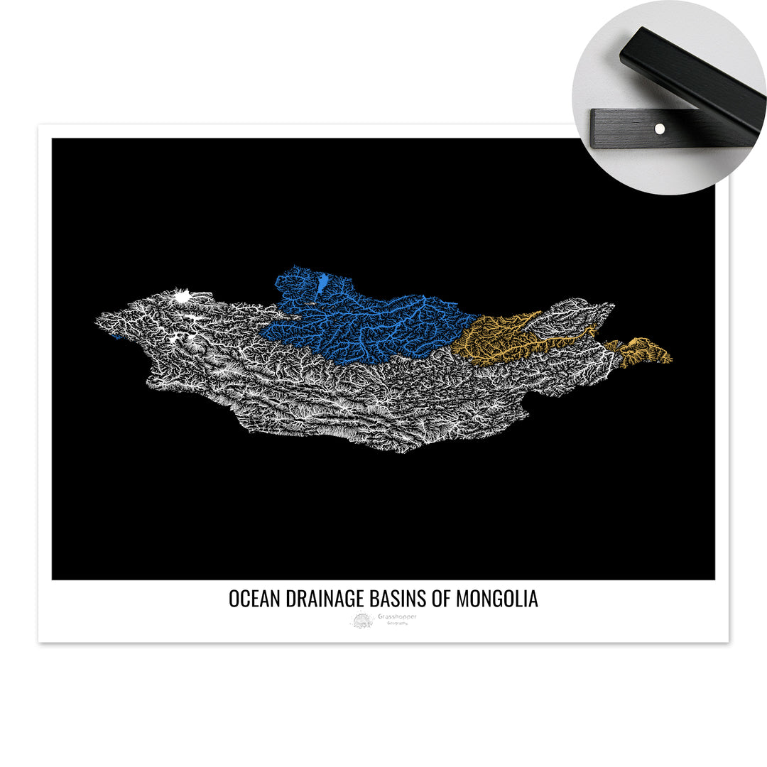 Mongolia - Mapa de la cuenca hidrográfica del océano, negro v1 - Impresión artística con colgador