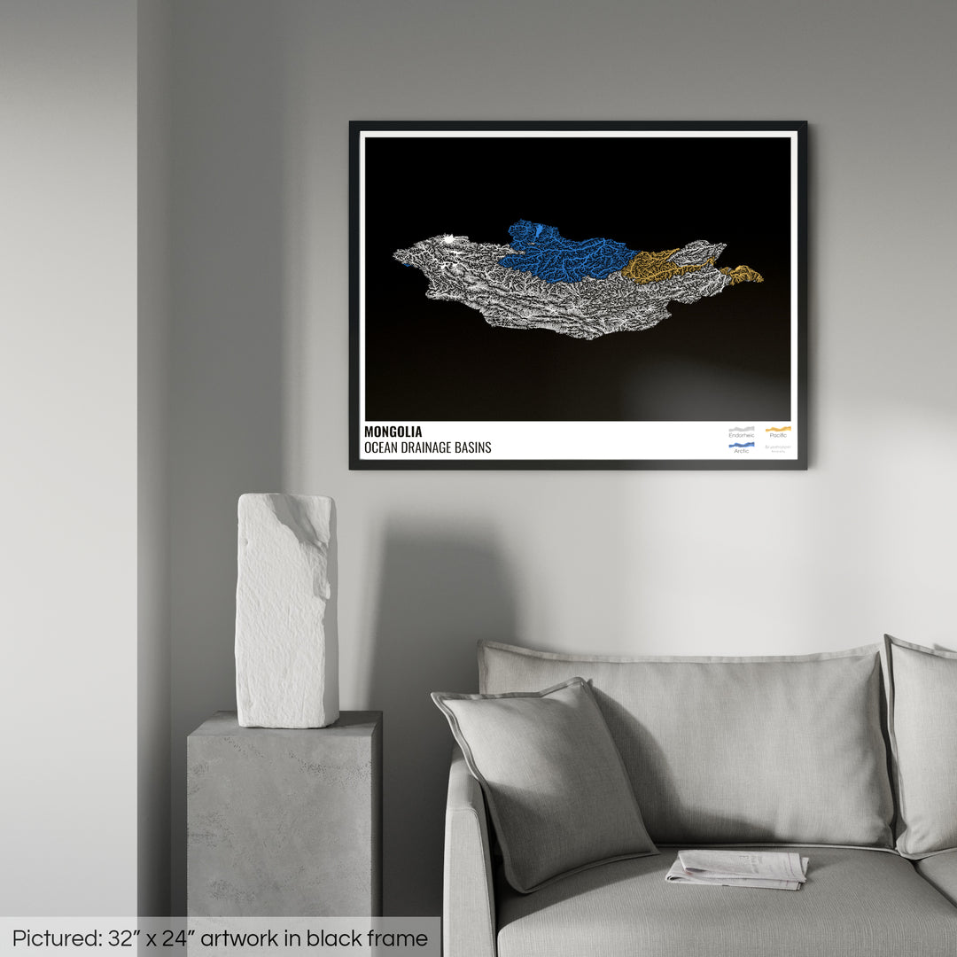 Mongolia - Ocean drainage basin map, black with legend v1 - Framed Print