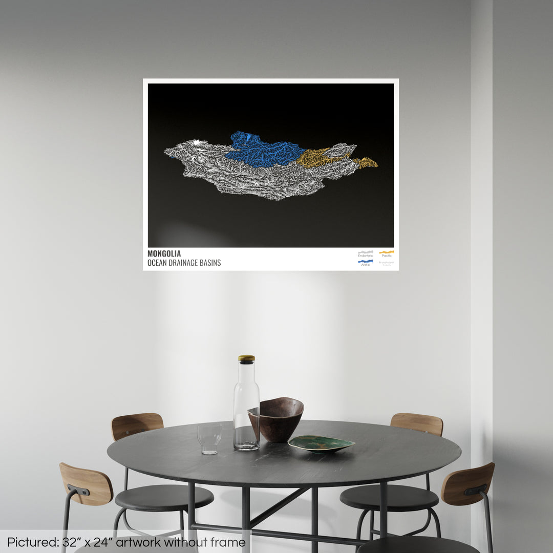 Mongolia - Ocean drainage basin map, black with legend v1 - Fine Art Print