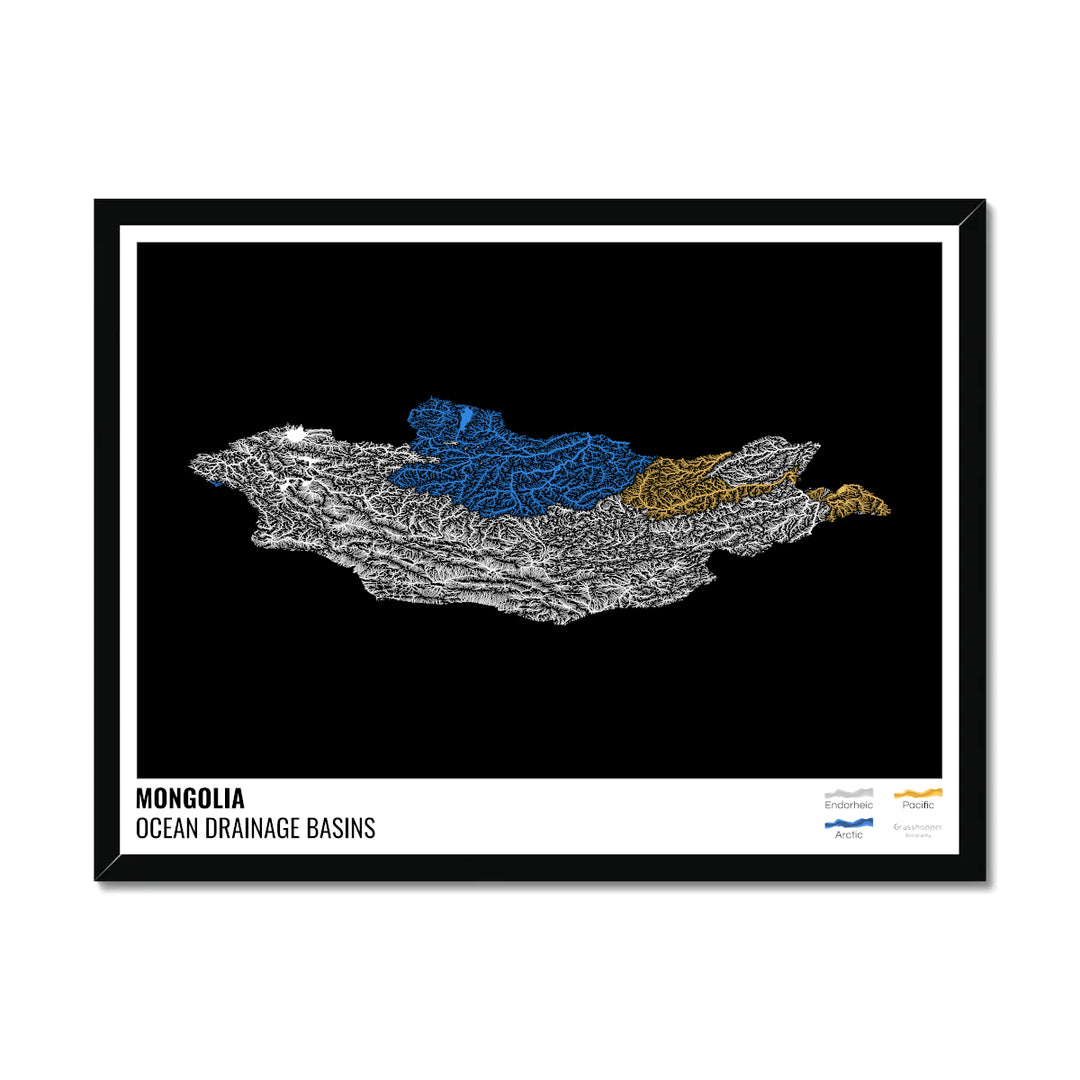 Mongolia - Ocean drainage basin map, black with legend v1 - Framed Print