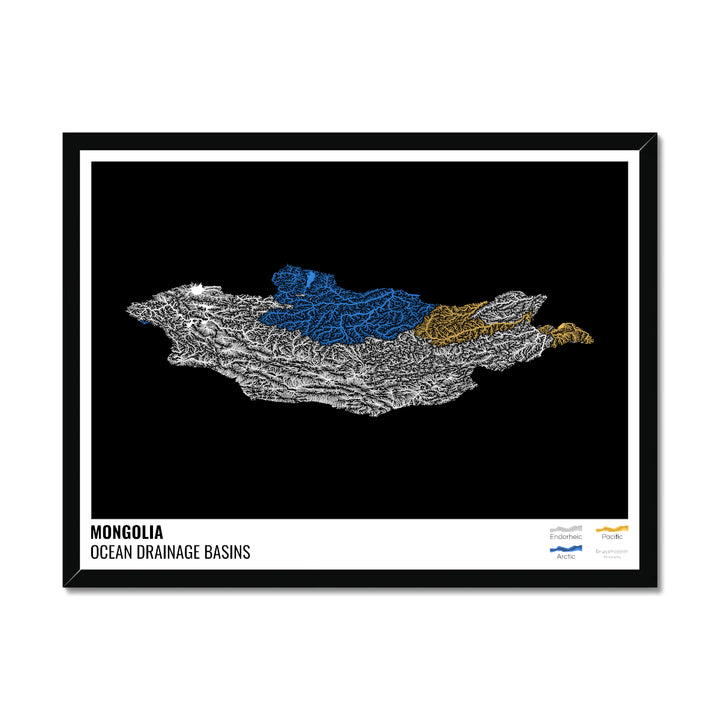 Mongolia - Ocean drainage basin map, black with legend v1 - Framed Print
