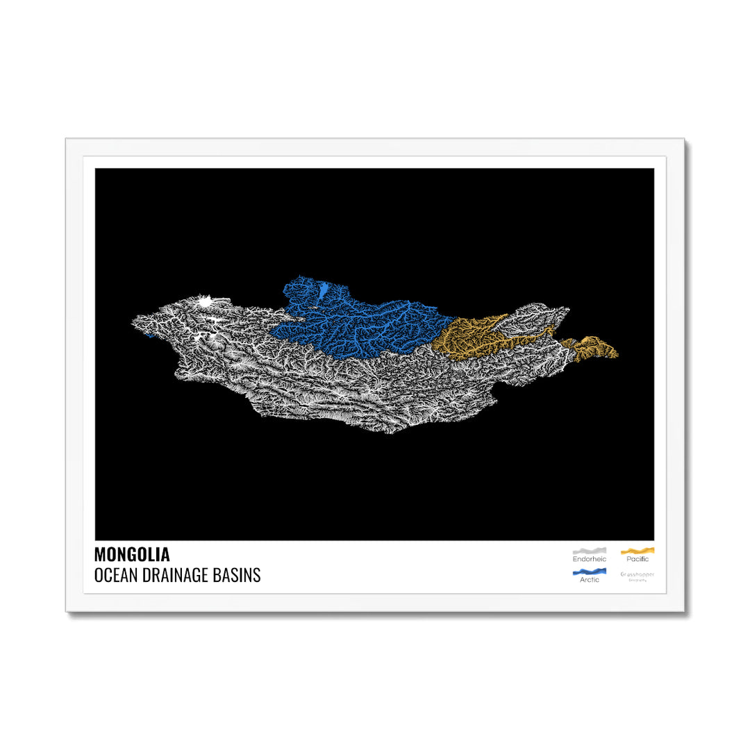 Mongolia - Ocean drainage basin map, black with legend v1 - Framed Print