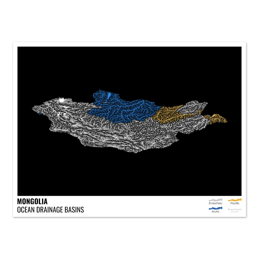 Mongolie - Carte des bassins hydrographiques océaniques, noire avec légende v1 - Fine Art Print