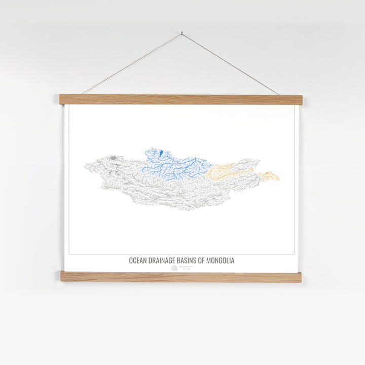 Mongolie - Carte du bassin versant océanique, blanc v1 - Tirage d'art avec cintre