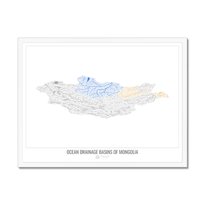 Mongólia - Mapa da bacia de drenagem oceânica, branco v1 - Impressão emoldurada