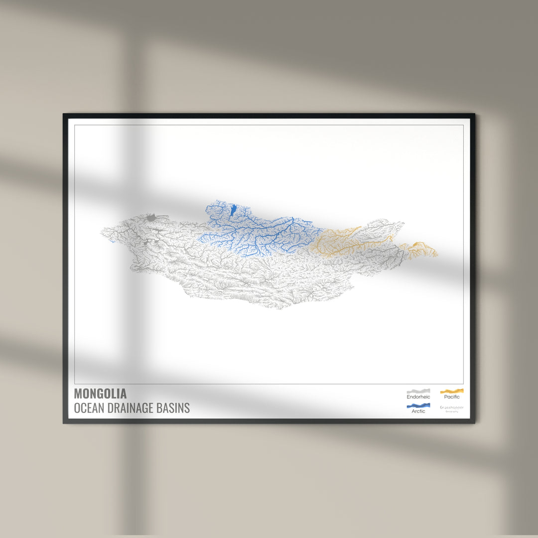 Mongólia - Mapa da bacia de drenagem oceânica, branco com legenda v1 - Impressão de belas artes