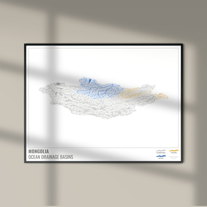 Mongólia - Mapa da bacia de drenagem oceânica, branco com legenda v1 - Impressão de belas artes