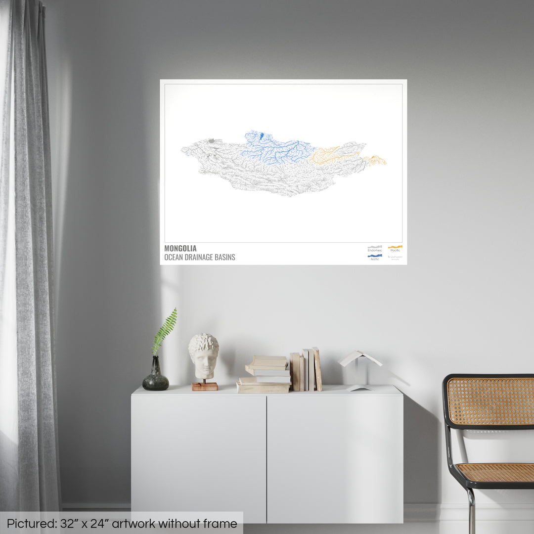 Mongólia - Mapa da bacia de drenagem oceânica, branco com legenda v1 - Impressão de belas artes
