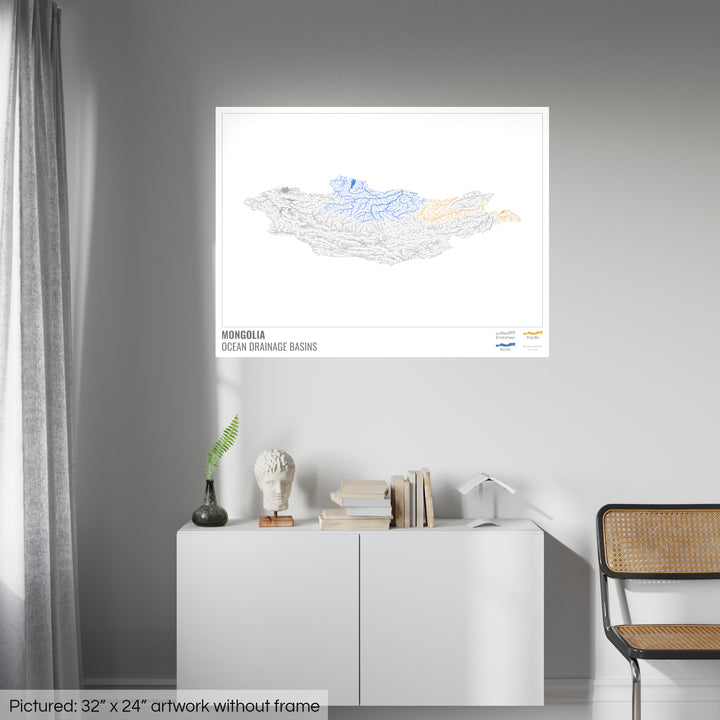 Mongólia - Mapa da bacia de drenagem oceânica, branco com legenda v1 - Impressão de belas artes