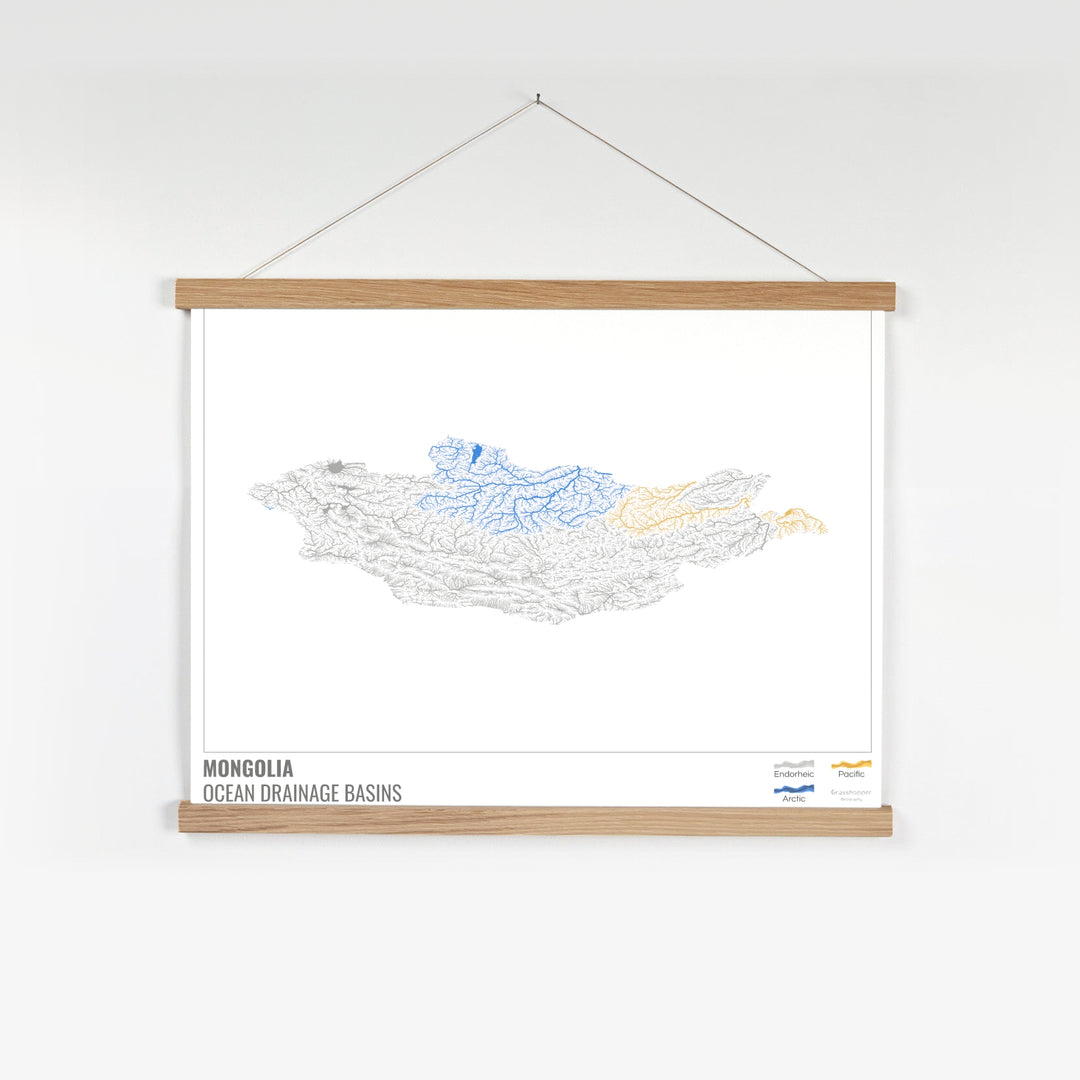 Mongolia - Mapa de la cuenca hidrográfica del océano, blanco con leyenda v1 - Impresión artística con colgador