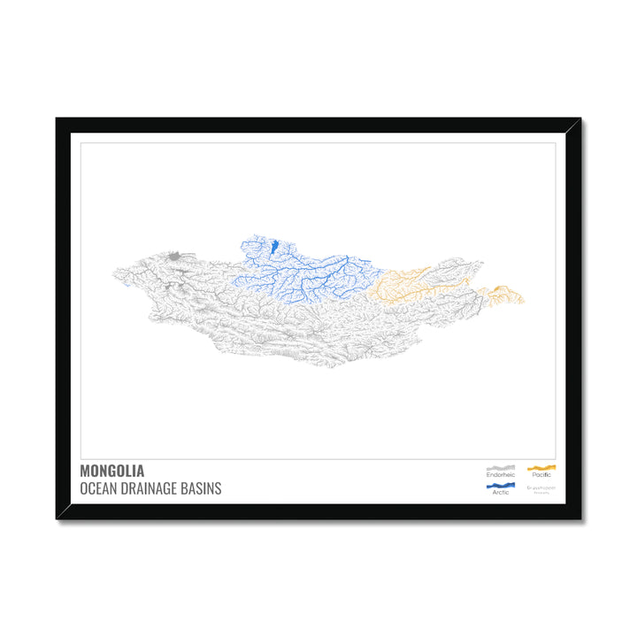 Mongolia - Ocean drainage basin map, white with legend v1 - Framed Print