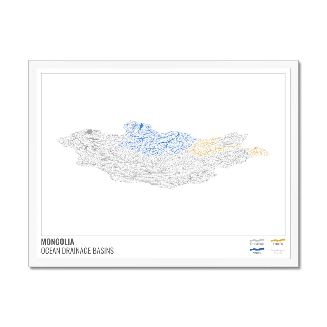 Mongolia - Ocean drainage basin map, white with legend v1 - Framed Print