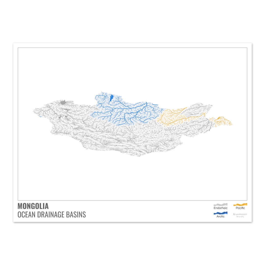 Mongólia - Mapa da bacia de drenagem oceânica, branco com legenda v1 - Impressão de belas artes