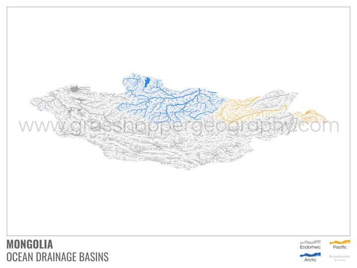 Mongólia - Mapa da bacia de drenagem oceânica, branco com legenda v1 - Impressão de belas artes