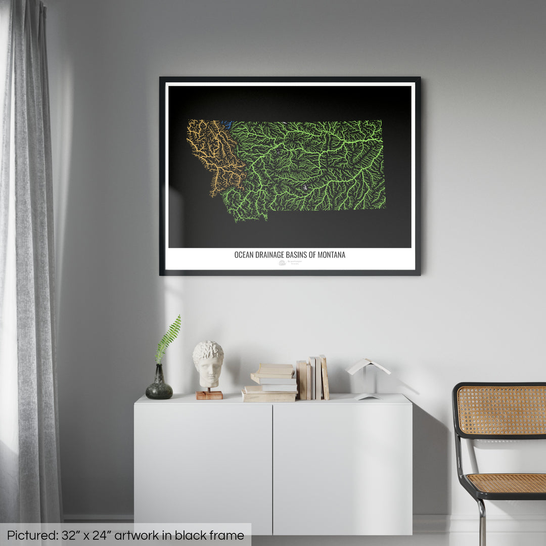 Montana - Ocean drainage basin map, black v1 - Framed Print