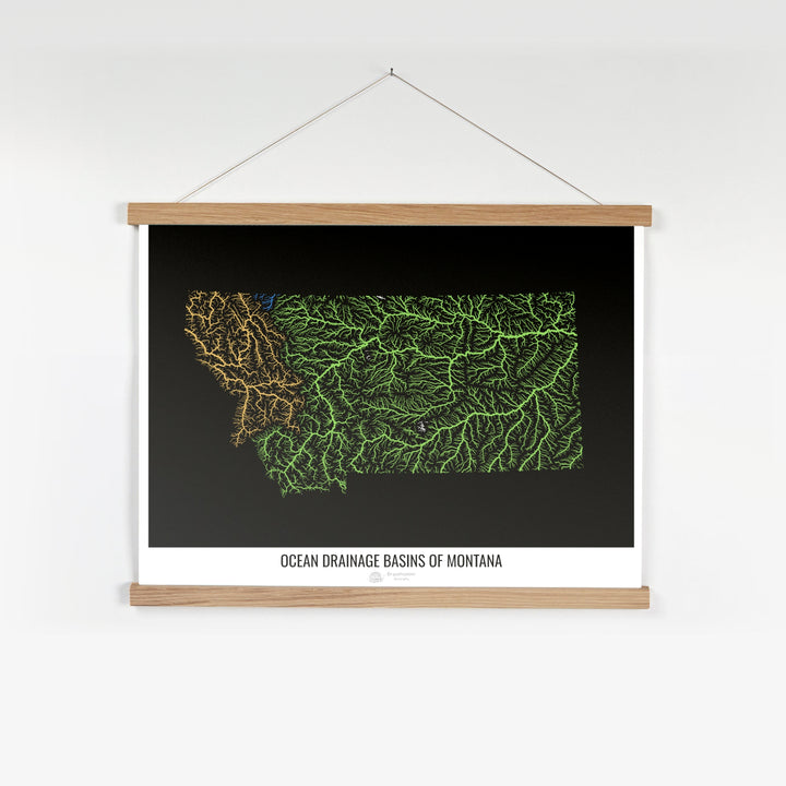 Montana - Carte du bassin versant océanique, noir v1 - Tirage d'art avec cintre