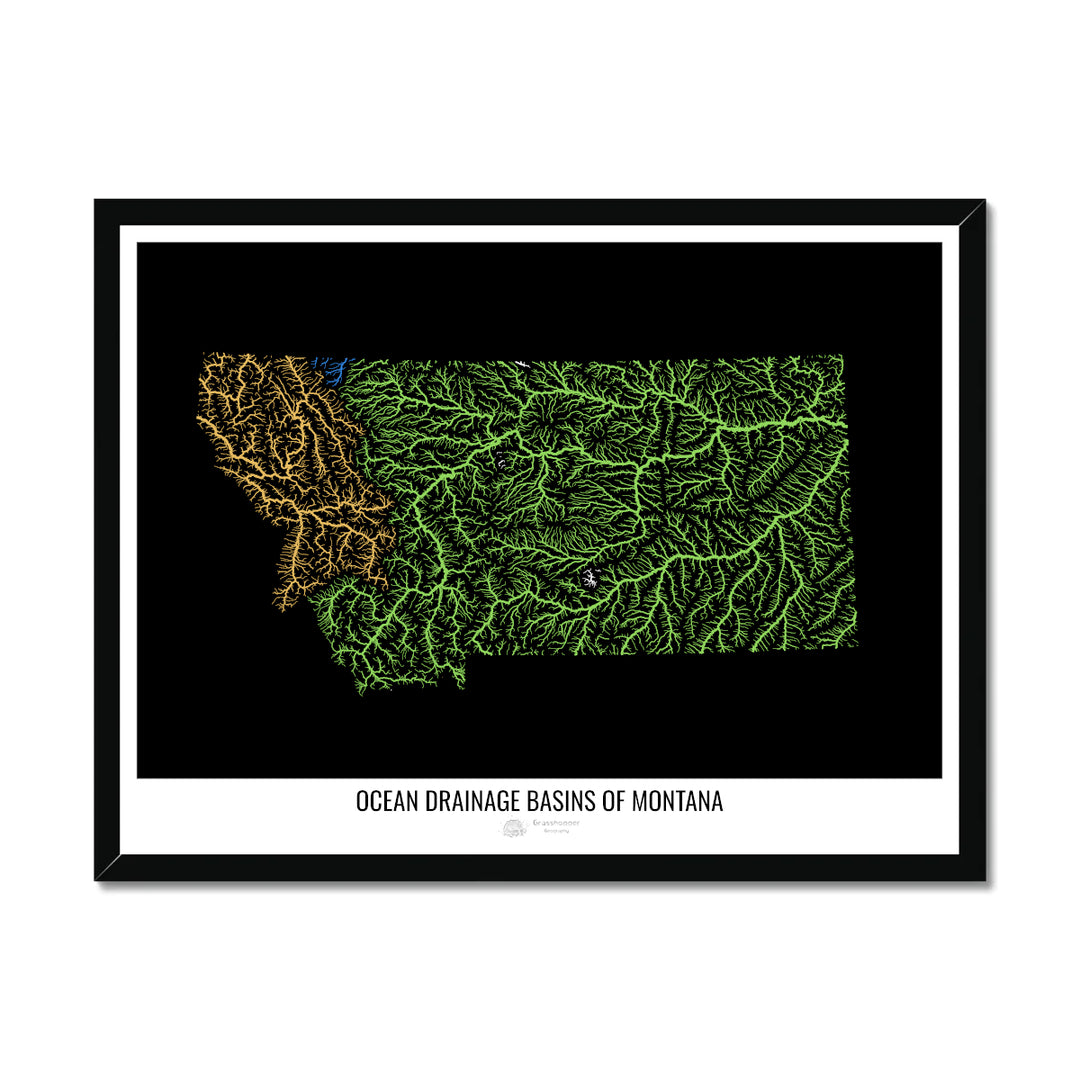 Montana - Ocean drainage basin map, black v1 - Framed Print