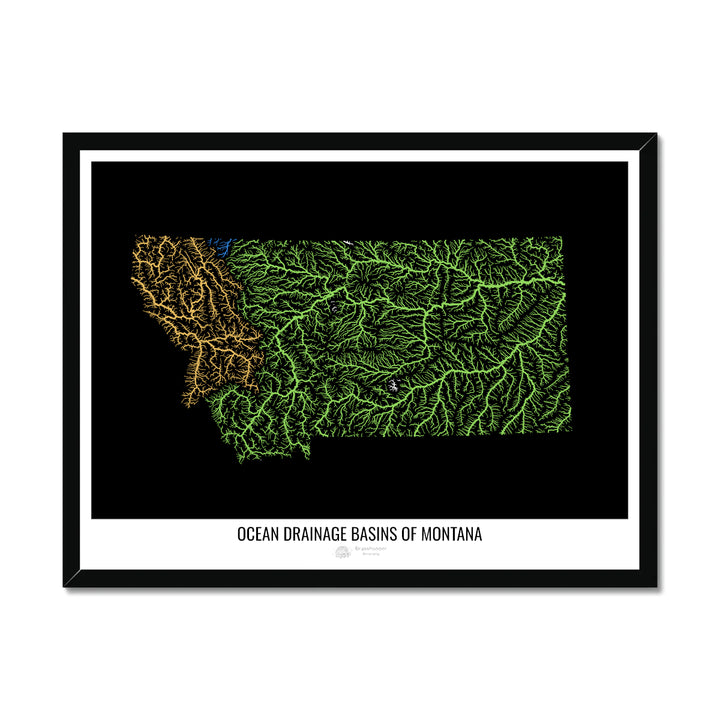 Montana - Ocean drainage basin map, black v1 - Framed Print