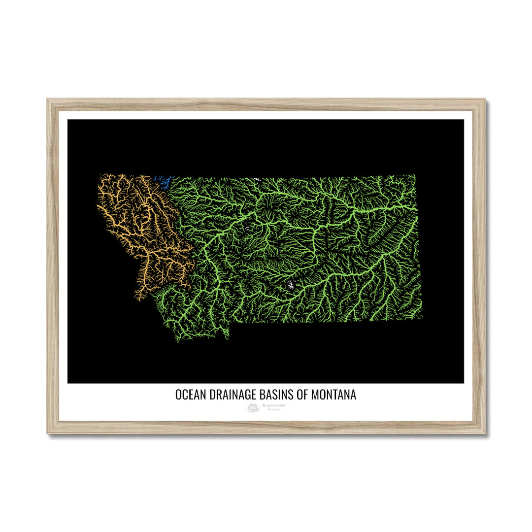 Montana - Carte du bassin versant océanique, noir v1 - Impression encadrée
