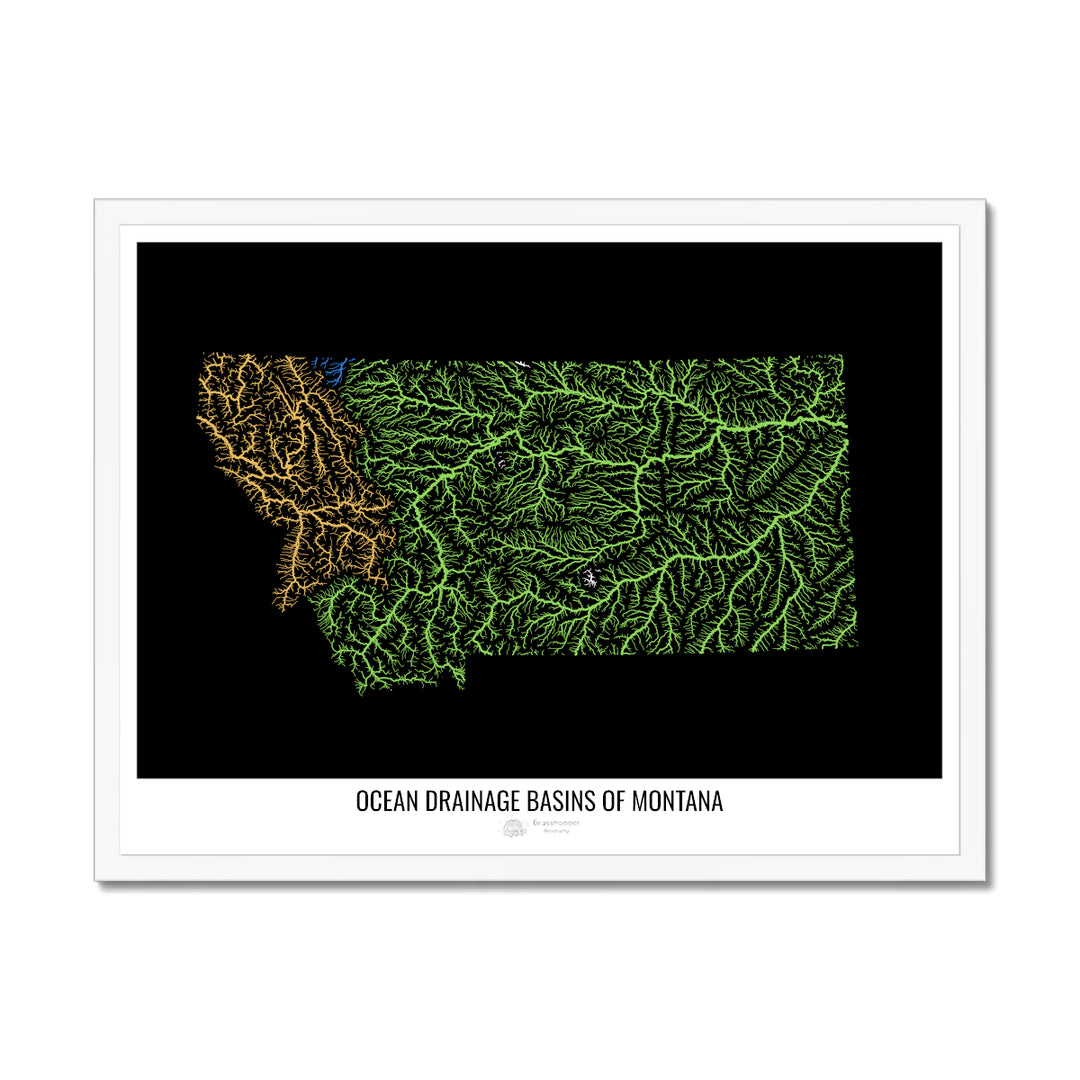 Montana - Ocean drainage basin map, black v1 - Framed Print