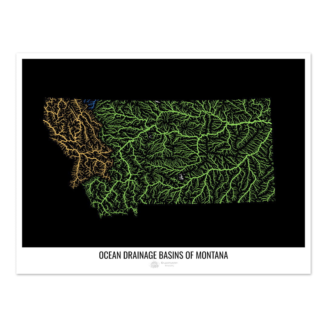 Montana - Carte des bassins hydrographiques océaniques, noir v1 - Fine Art Print