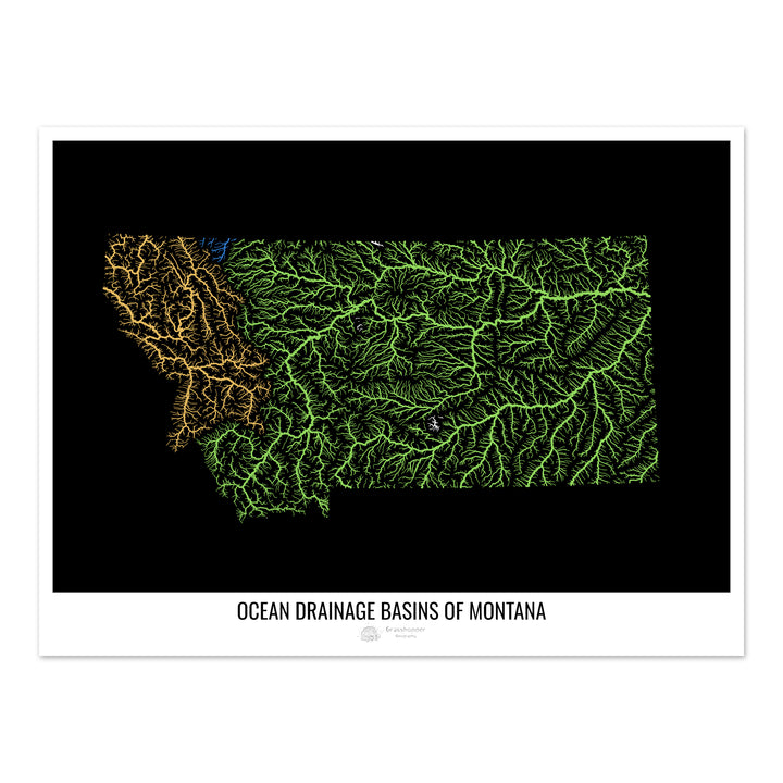 Montana - Carte du bassin versant océanique, noir v1 - Tirage photo artistique